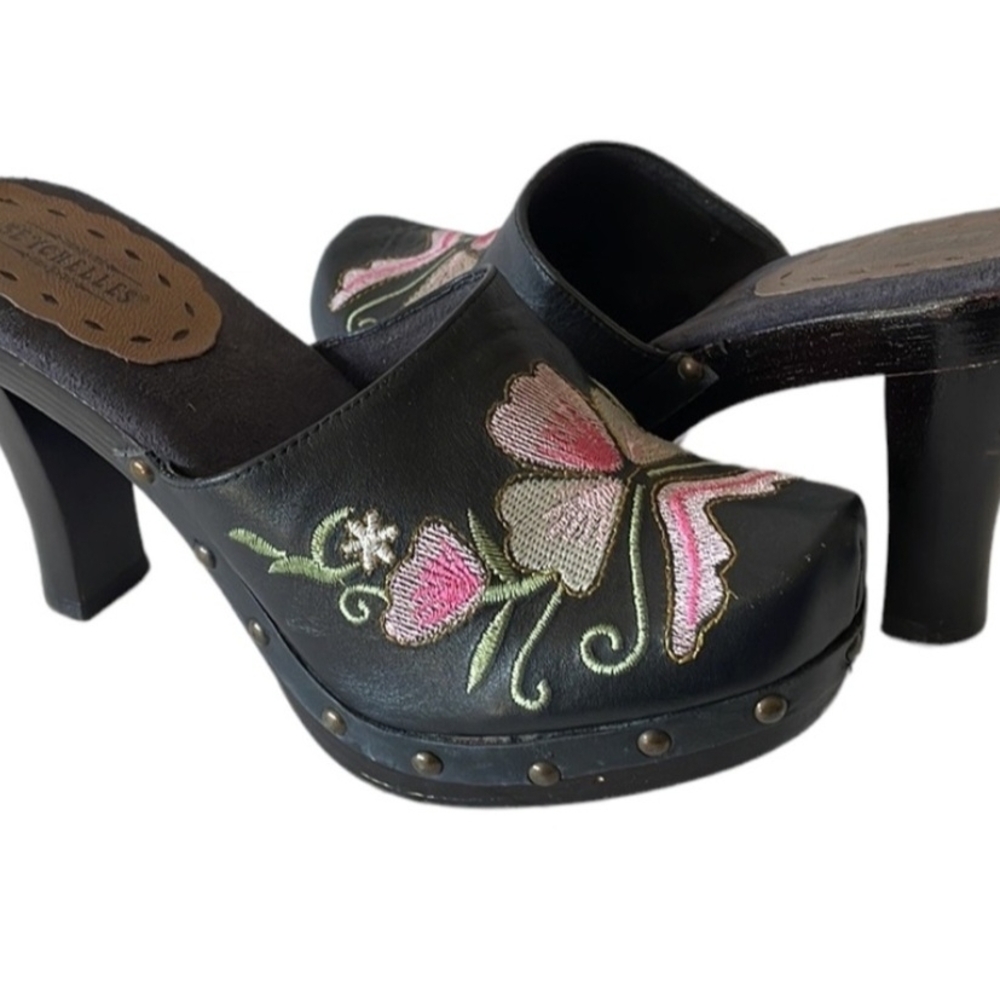 Seychelles Black and Pink Embroidered Mules